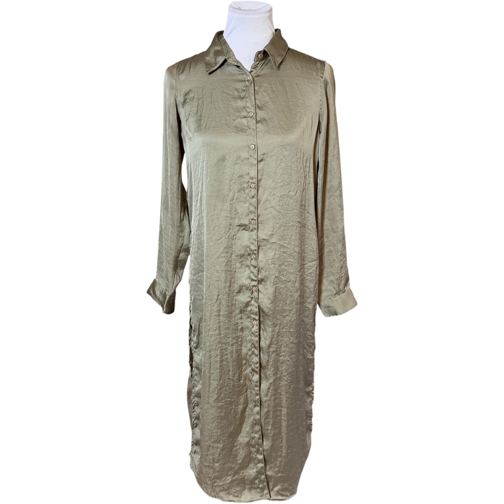 Zara Shirt Dress Women XS Olive Green Floral Embroidered Button Down Midi Boho